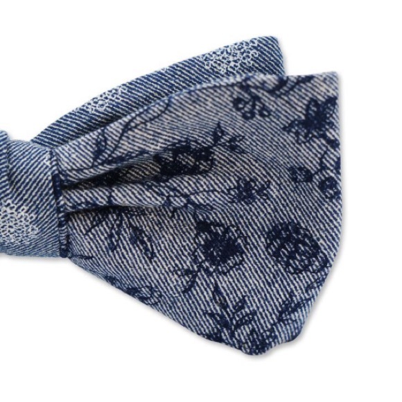 ZB Savoy Floral Navy Chambray Denim Bow Tie - Picture 4 of 8